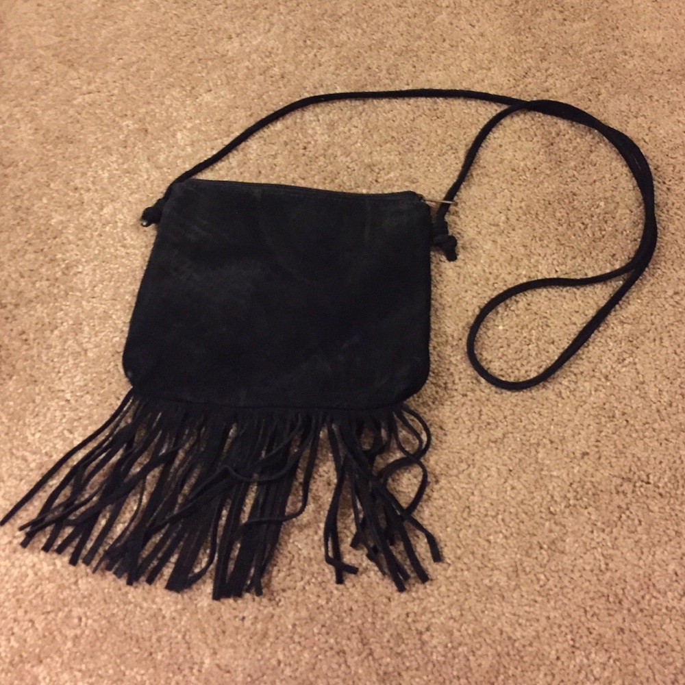 black suede bag with fringe